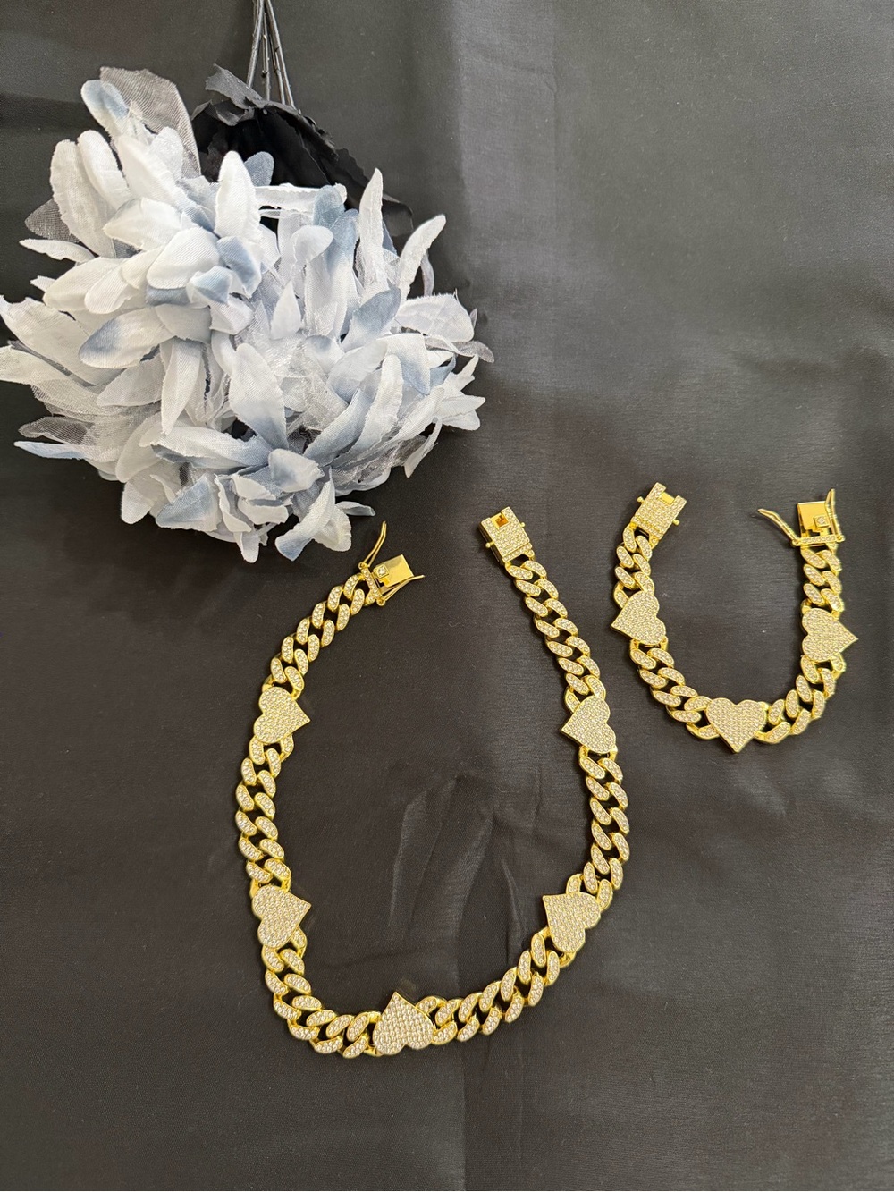 Gold Heart Cuban Link Necklace and Bracelet Set - Women's Jewelry